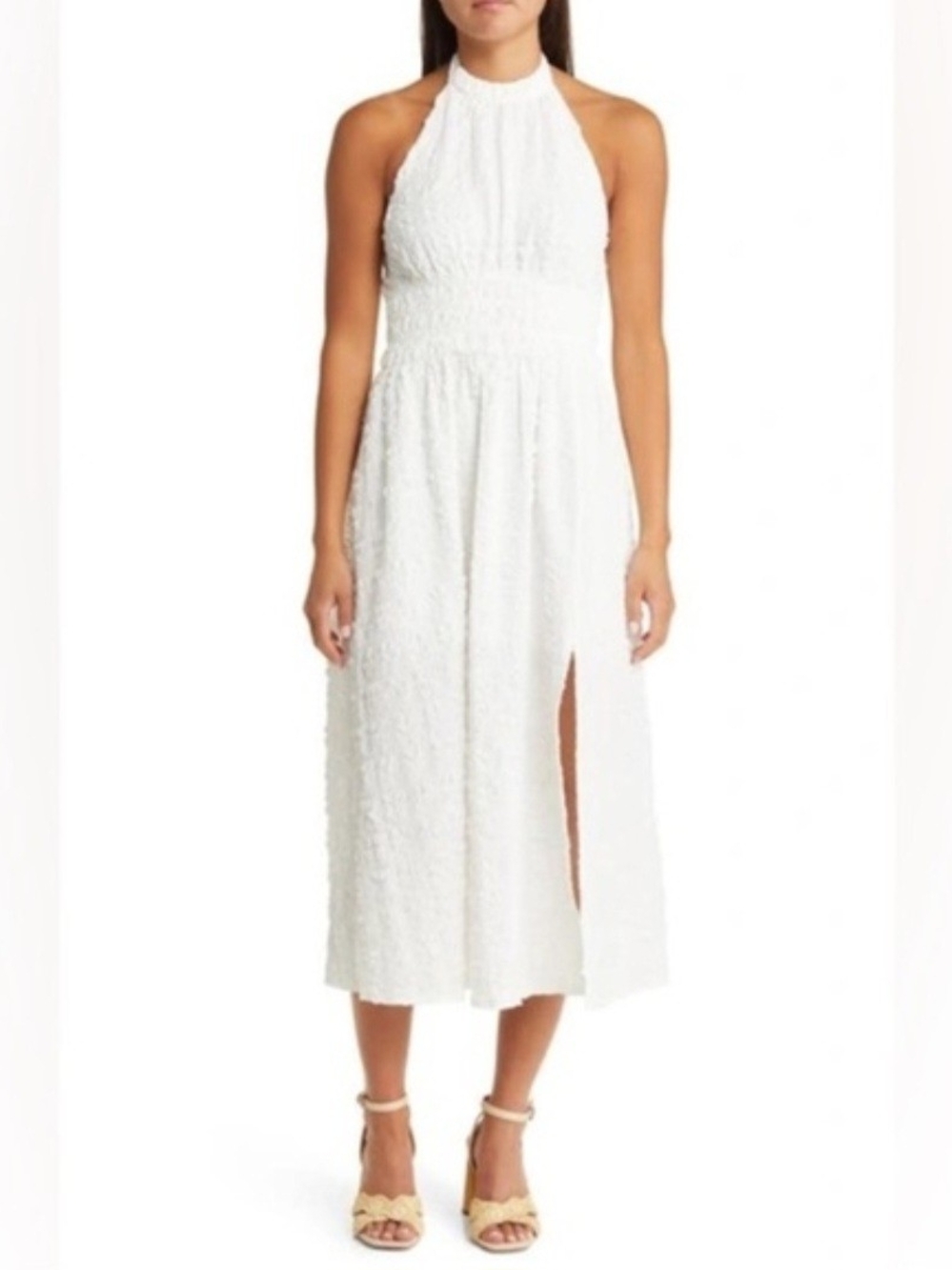 Floret Studios Women's Halter Midi Dress in White with Front Slit Size Med NWT